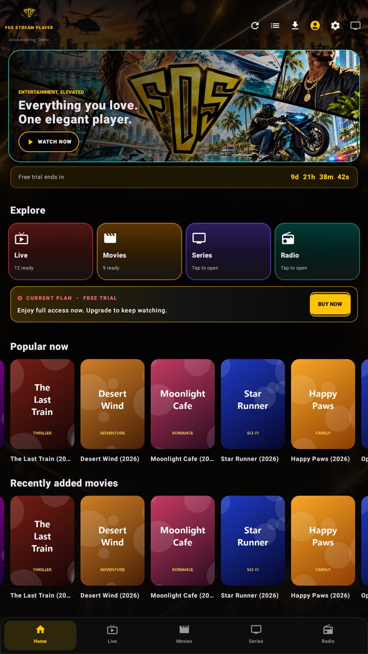 FDS IPTV Player on an Android phone