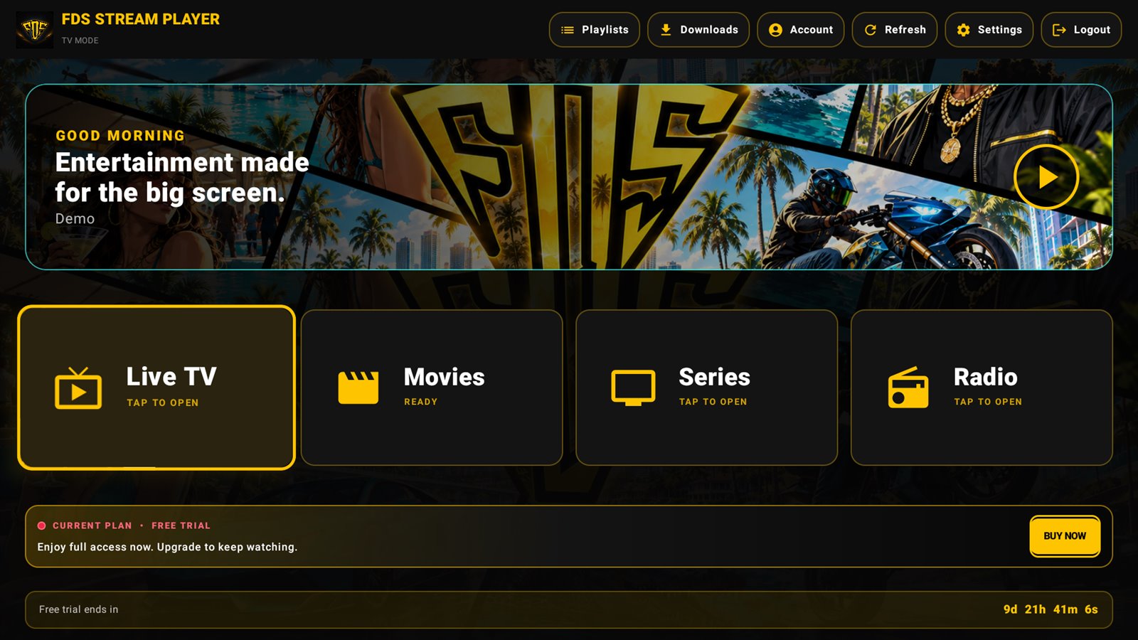 FDS IPTV Player home screen on Android TV